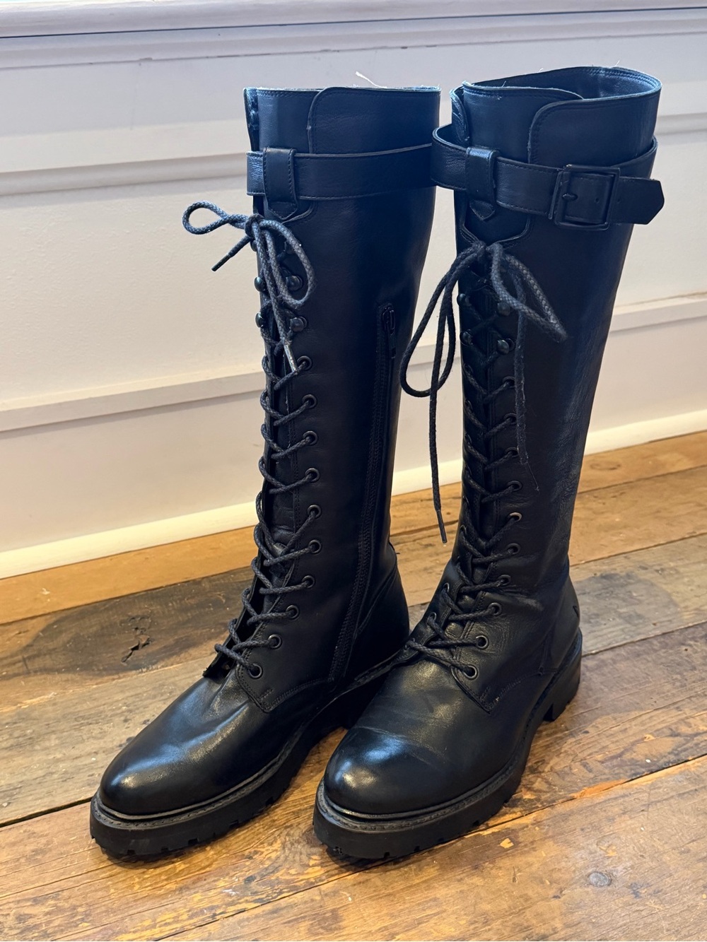 Frye Black Lace-Up Knee-High Combat Boots - Women's